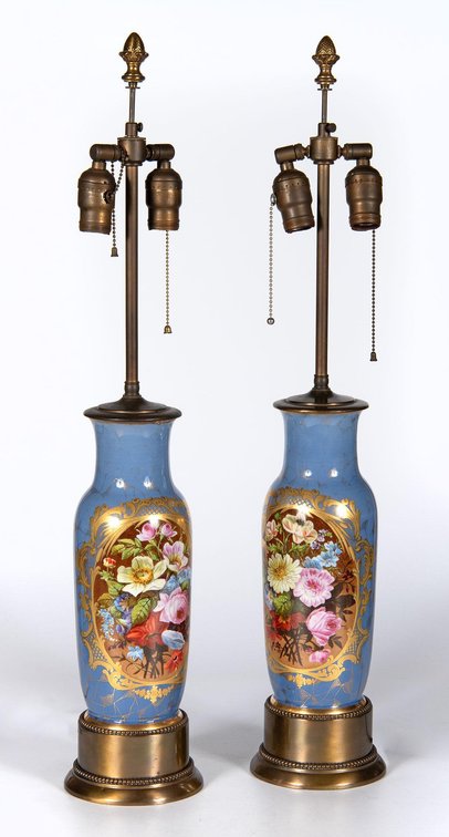 A Pair of French Hand Painted Opaline Electrified Vases