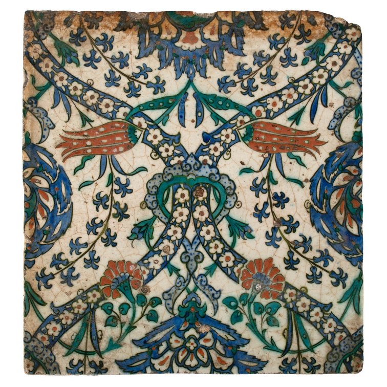 Turkish Glazed Ottoman Empire Period Iznik Fritware Tile