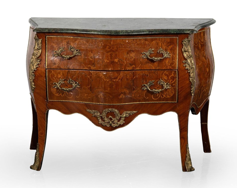 French Louis XV Style Marble Top Serpentine Marquetry Chest