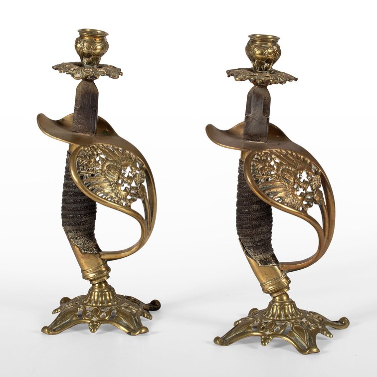 A Pair of Imperial Prussian Brass Sword Candlesticks