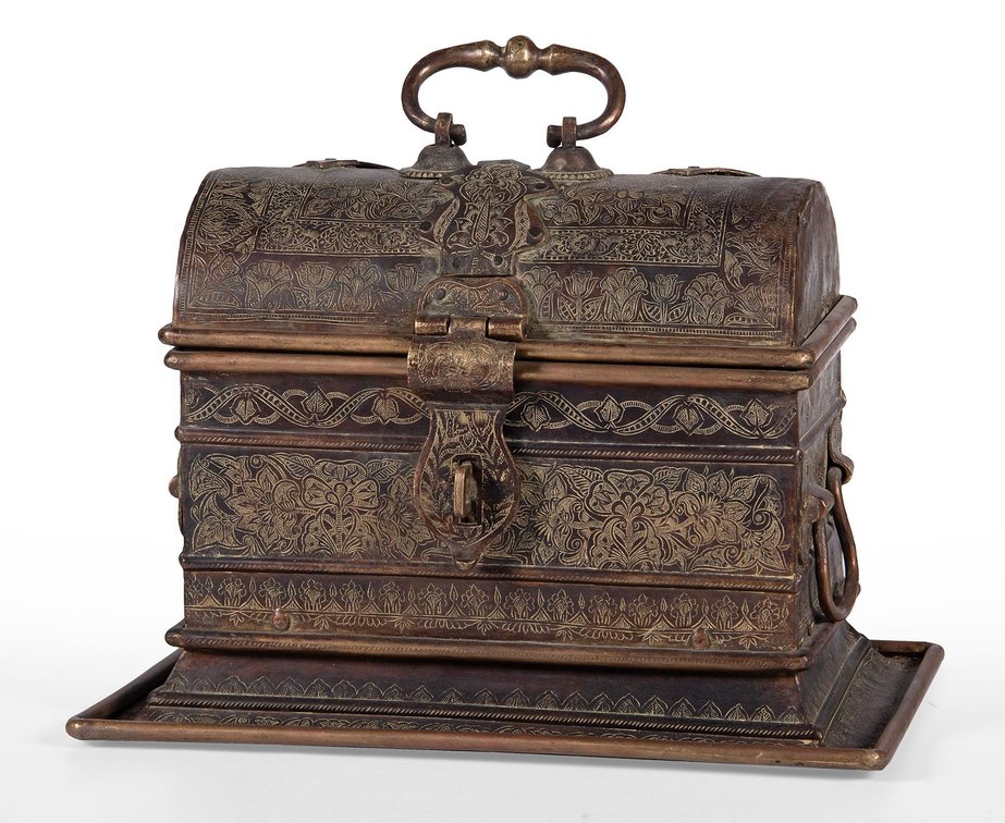 Antique Asian Engraved Brass Chest