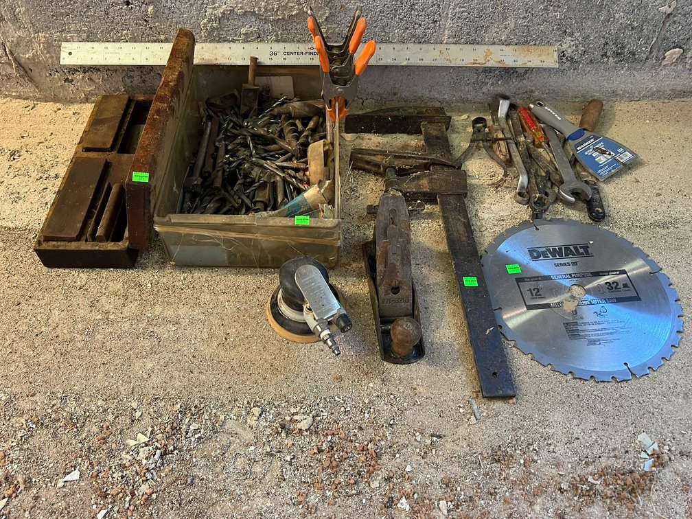 Drill bits, clamps, saw blade, orbit sander