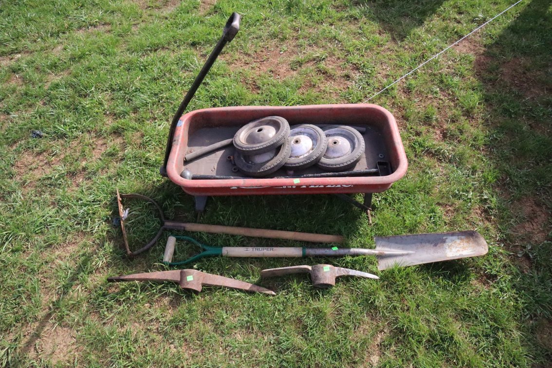 Vintage Radio Flyer Wagon, Spade Shovel, Pickaxe Heads