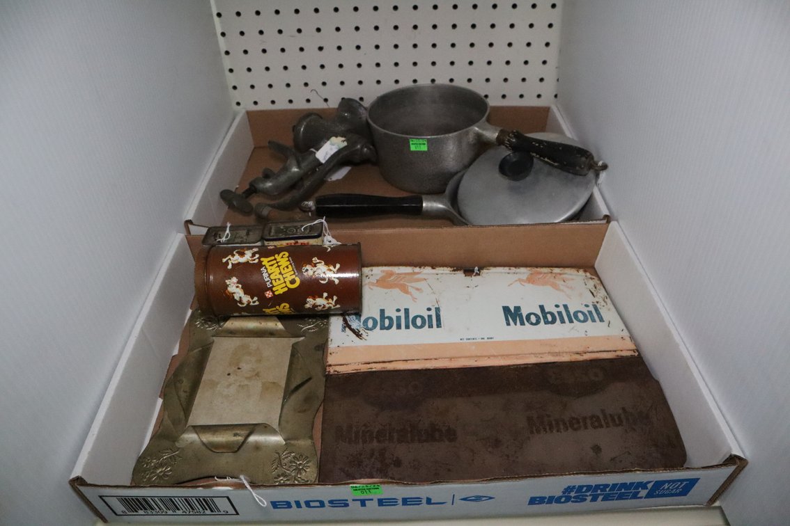 Vintage Tins, Mobil Oil Sign and Cookware