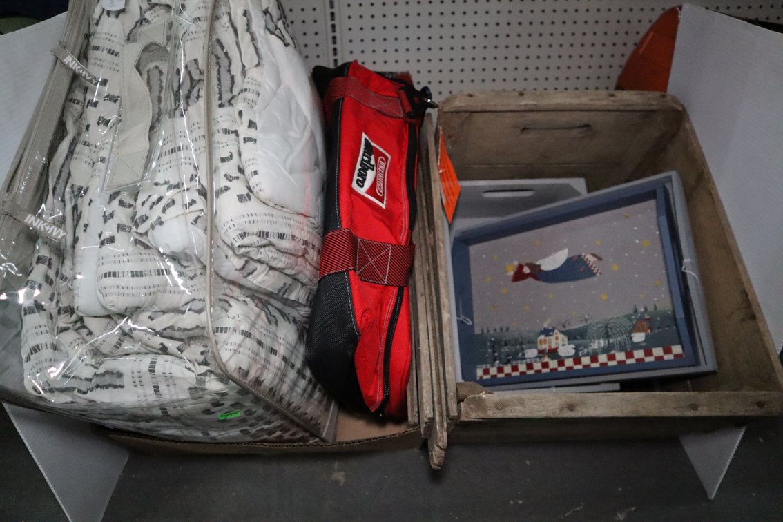 Blankets, Marlboro Travel Bag, Wooden Crate, Needs Repair