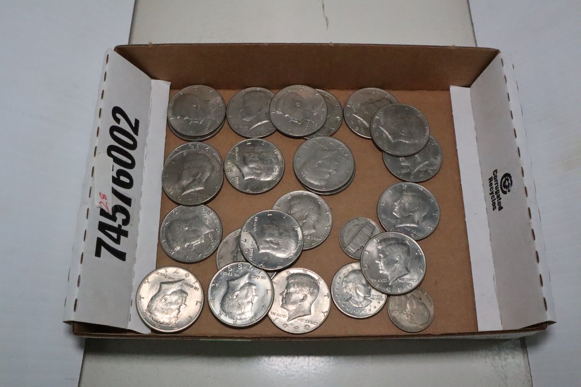 22 Kennedy Half Dollar Coins, 3 Nickels and A 1979 Quarter