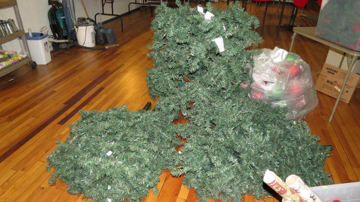 Pre-lit Christmas tree and a large ornaments