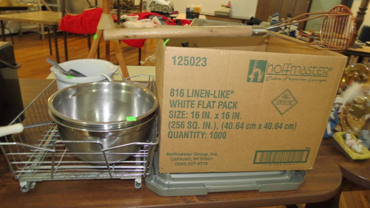 Stainless steel mixing bowls, crockpot, condiment bottles, and more