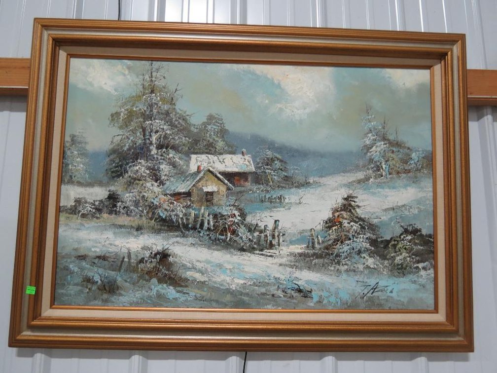 Large winter scene painting on canvas