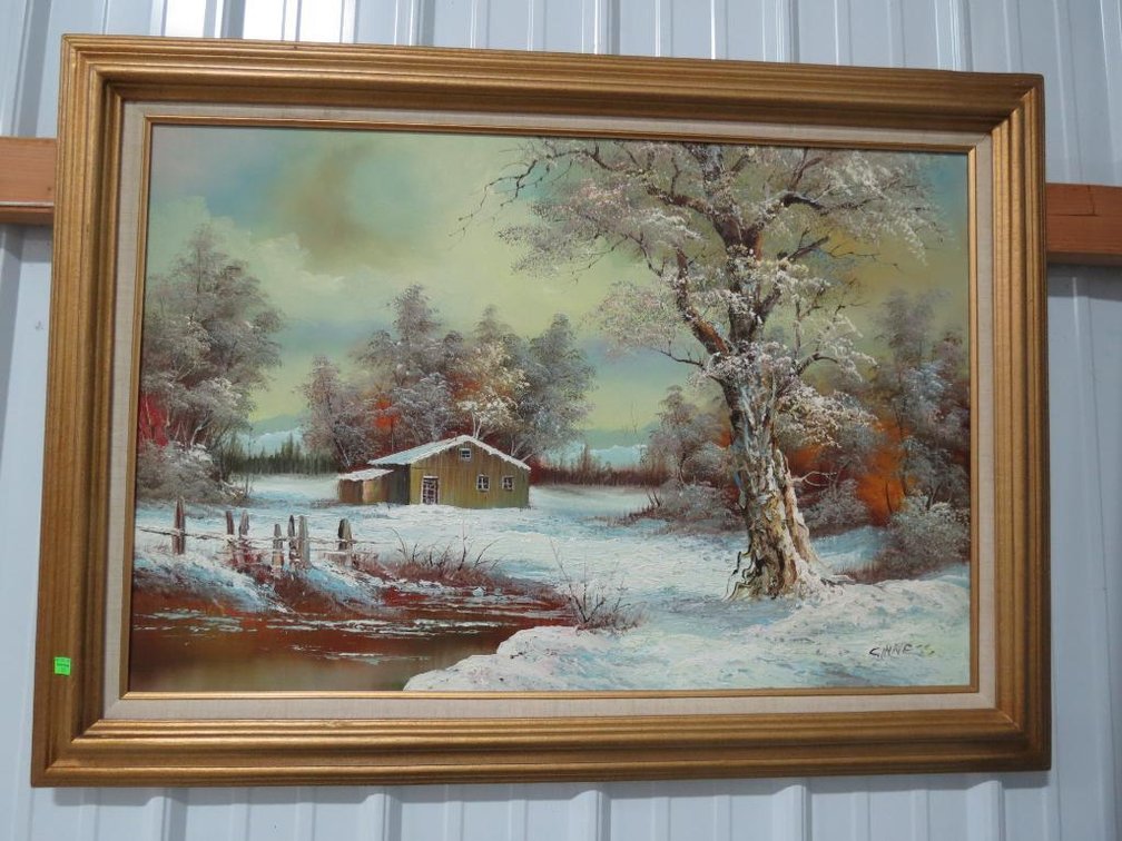 Large winter scene painting on canvas
