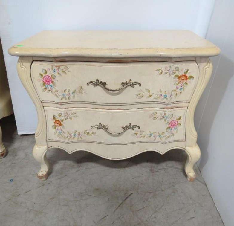 A yellow Romweber night table with two drawers and painted flower details. Please preview for condition.