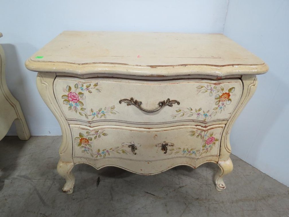 A yellow Romweber night table with painted flower details. Please preview for condition.