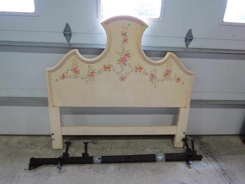 A queen size Romweber floral painted headboard uniquely shaped. Compliments lot 65.