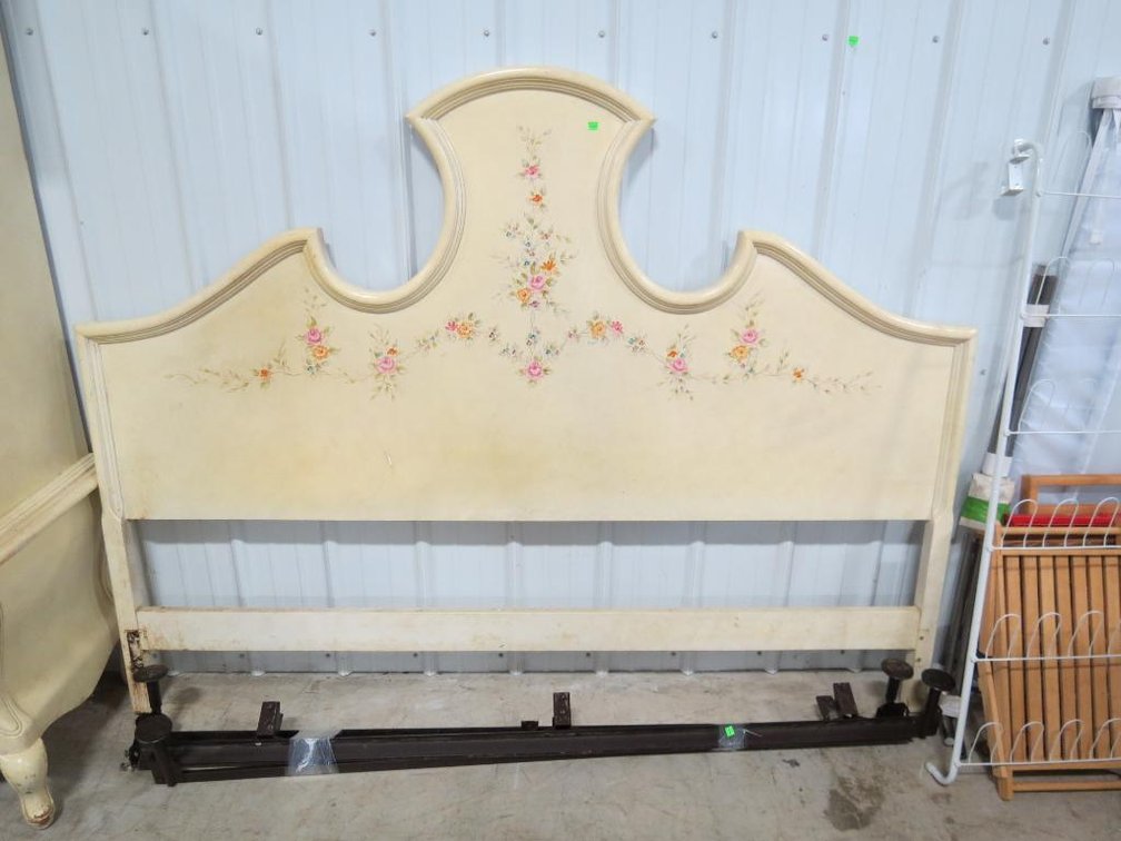 A yellow Romweber king size headboard with painted flower details. Please preview for condition.