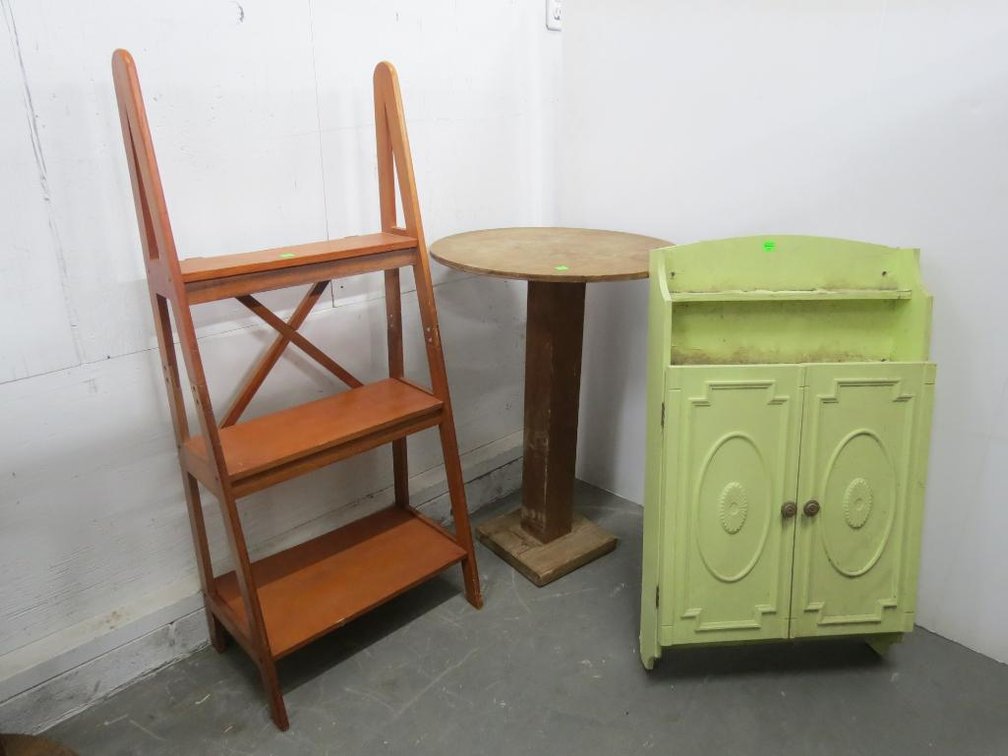 Round Table, Vintage Wall Cabinet and Small Shelf