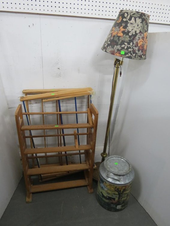 Group of Folding Racks, Floor Lamp and Tin Can