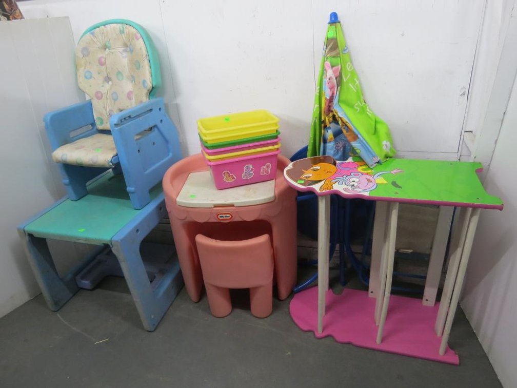 Group of Child's Plastic Tables and Chairs, Dora Shoe Rack