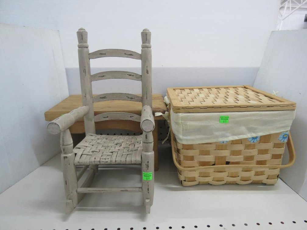 Basket, Small Wooden Stool and Doll Rocking Chair