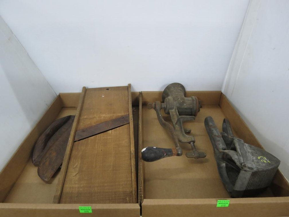 Antique Cutting Board, Meat Grinder, Juicer and Wooden Cheese Knife and Plate