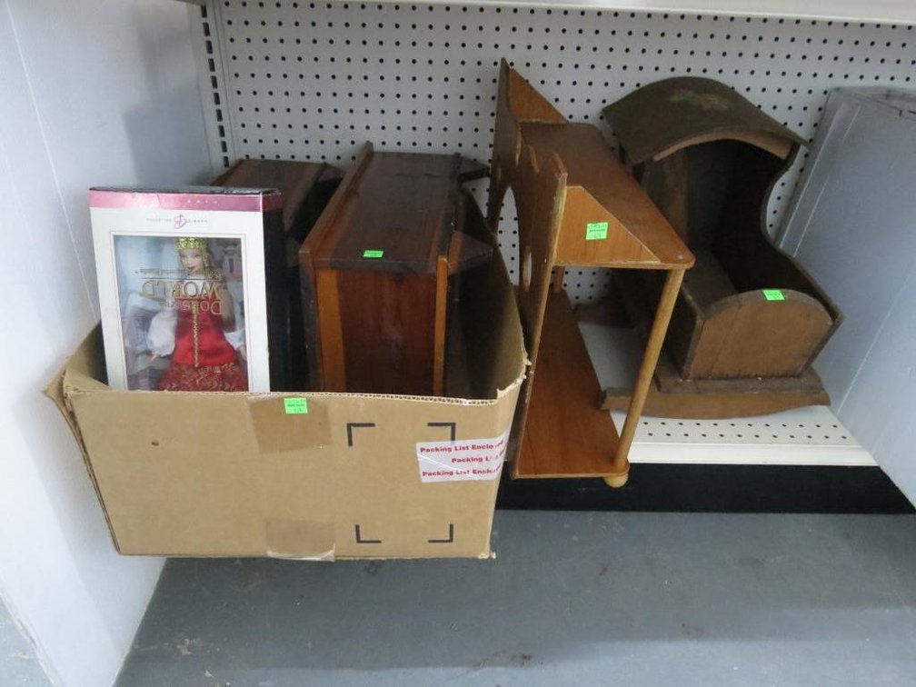 Small Cedar Chests, Small Wooden Shelf and Cradle, Collectible Barbie Doll