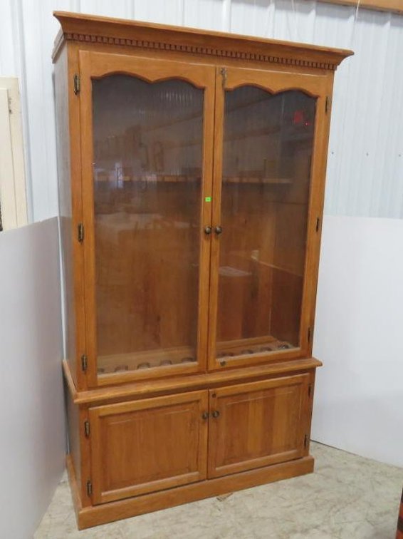 10 Gun Oak Cabinet With Keys, Two Drawers