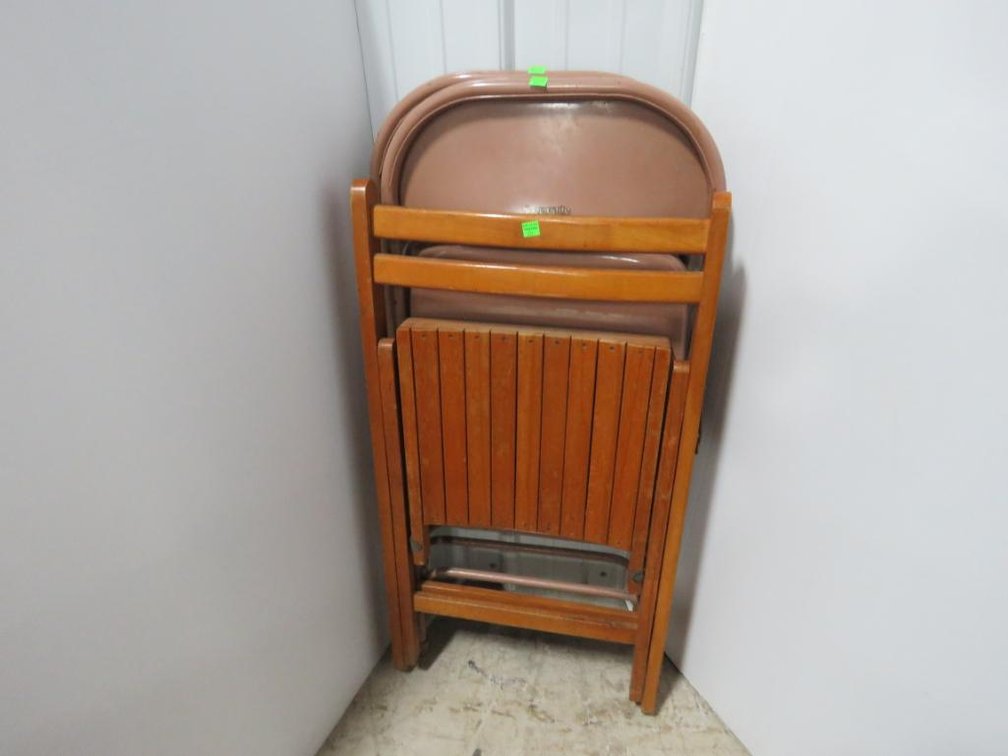 Pair of Metal Folding Chairs and One Wooden Folding Chair