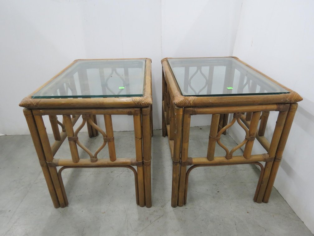 Pair of Rattan Glass Top Side Tables