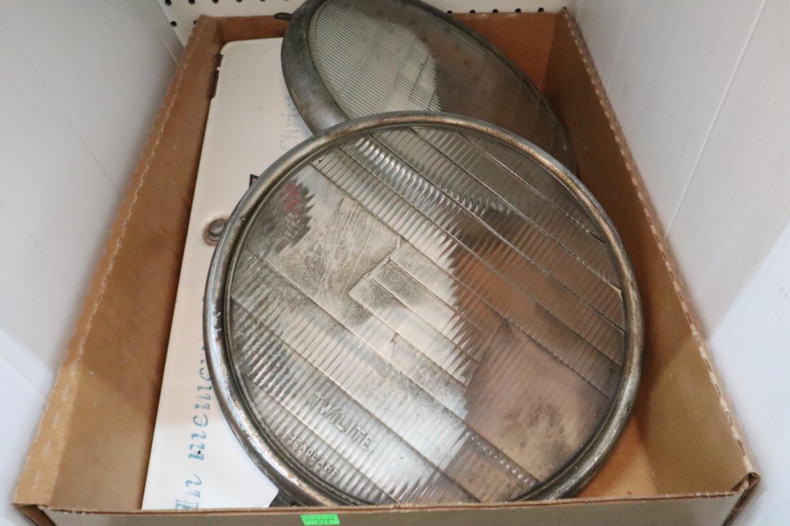 Vintage Headlight Glass Lenses, Metal Glove Box Door
