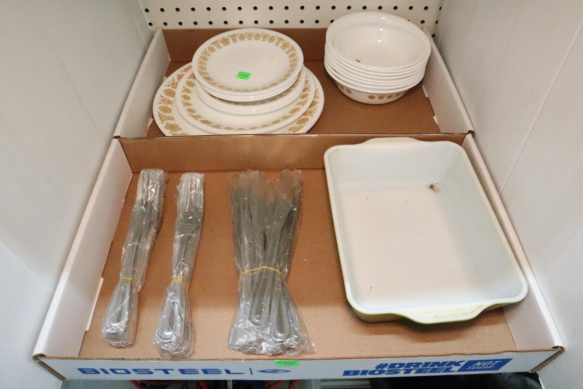 Corelle Dishes, Flatware, Pyrex Dish