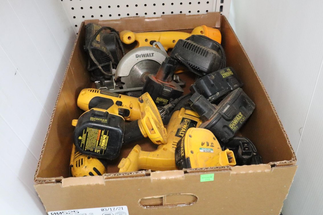 Box of Dewalt Cordless Tools, Batteries and Chargers, Working Condition Unknown