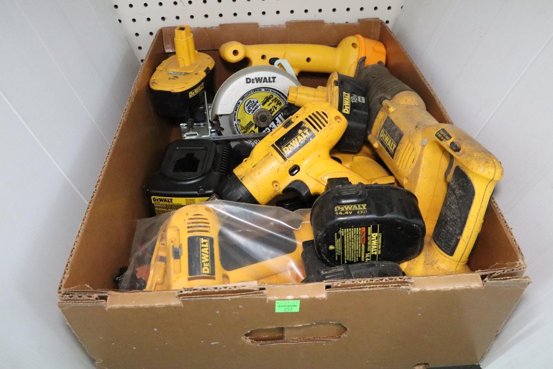 Box of Dewalt Cordless Tools, Batteries and Chargers, Working Condition Unknown