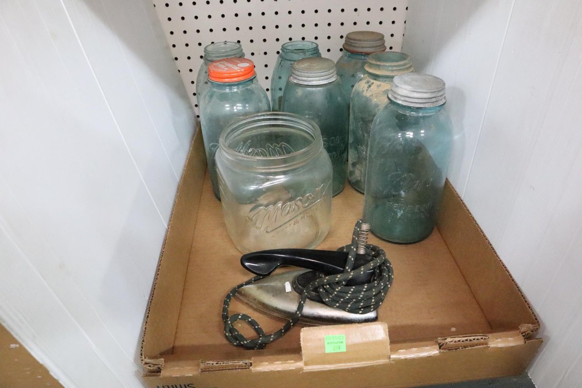 2 Quart Blue Ball Jars, Mason Jar and Antique Iron