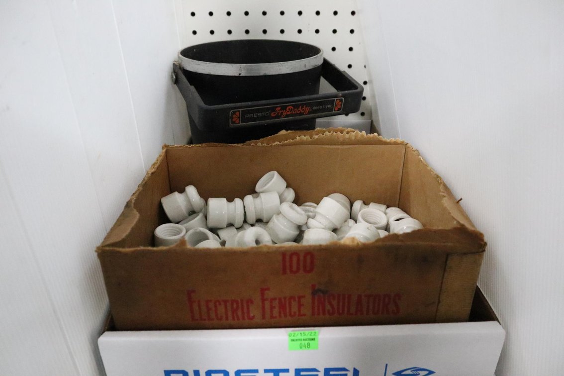 Porcelain Fencing Insulators, Bucket of Staples, Livestock Nose Leader