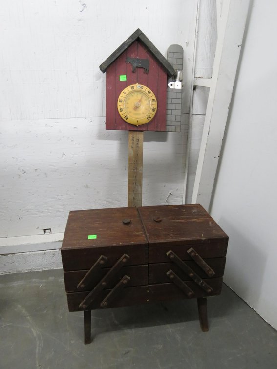 Vintage Sewing Chest and Thermometer/Snow Depth Stake