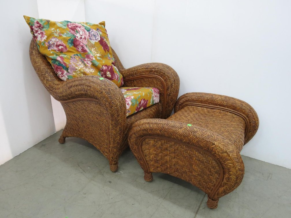 Wicker Chair With Cushions and Ottoman