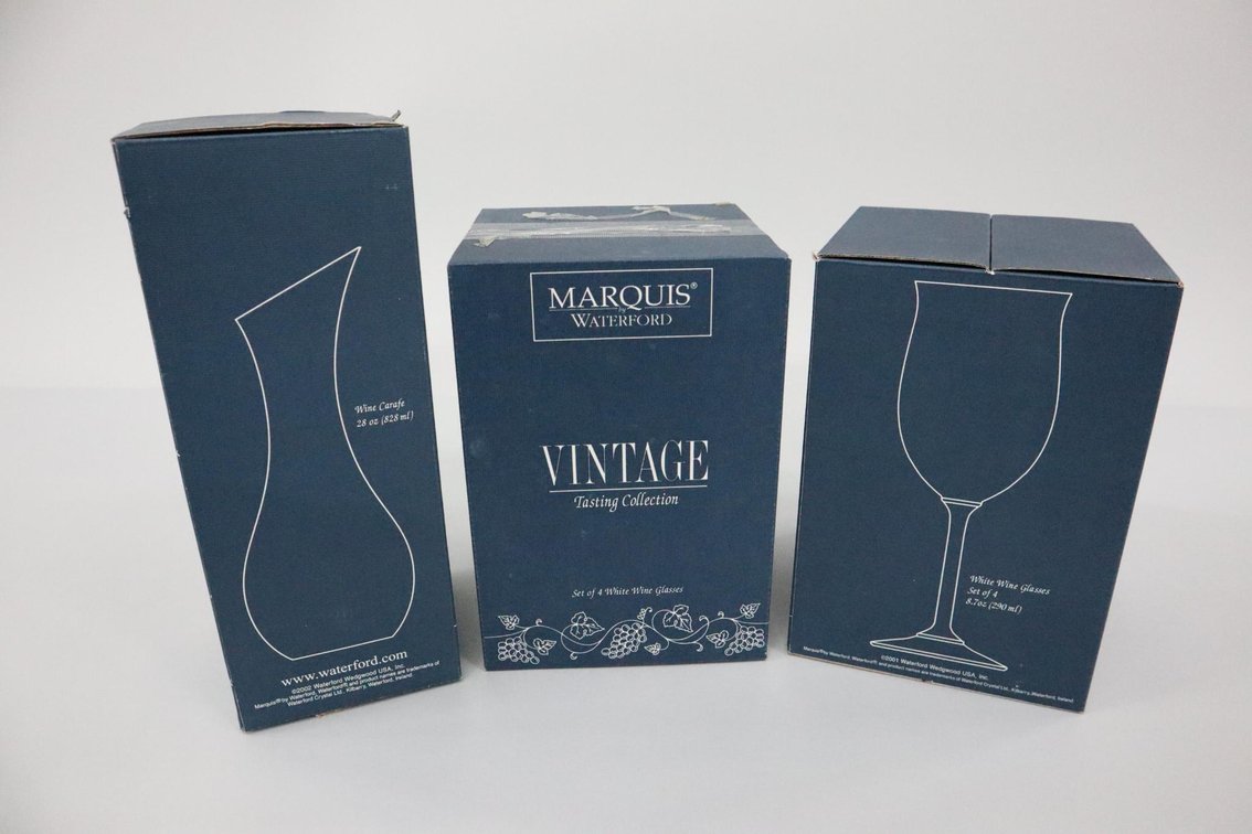 2 Sets of Marquis Waterford White Wine Glasses and A Wine Carafe