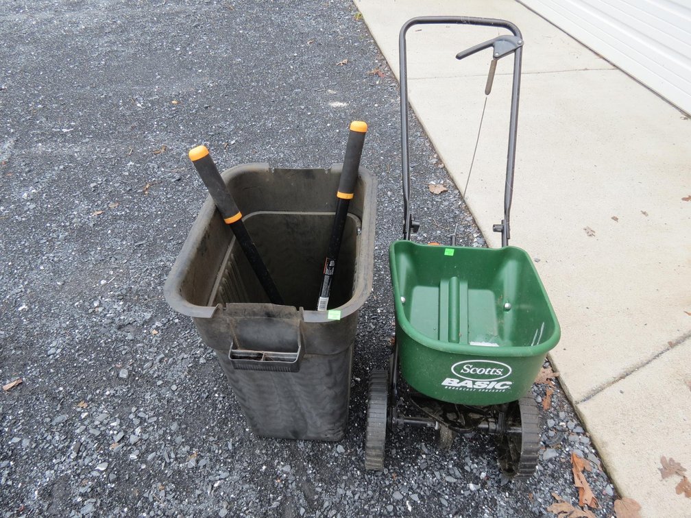 Broadcast Spreader, Trash Can and Fiskars Loppers