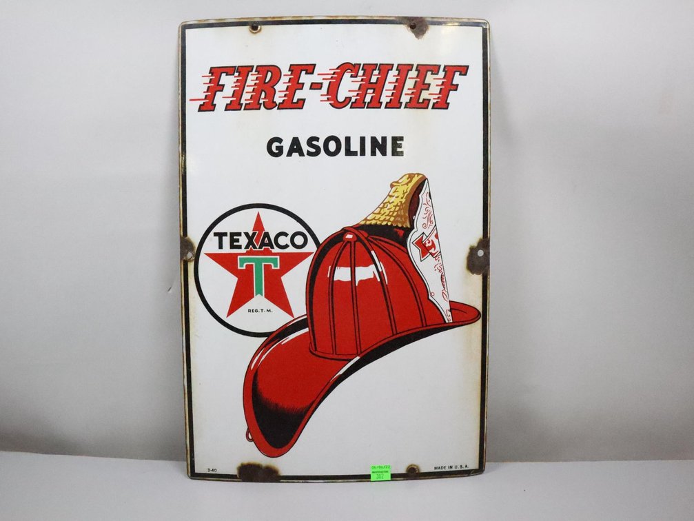 Porcelain Texaco Fire Chief Single-Sided Sign, 3-40, Made In USA