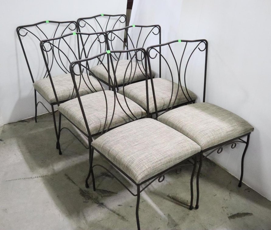 Six Wrought Iron Frame Chairs With Embroidered Seats