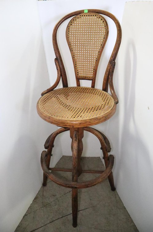 Vintage Bentwood and Woven Seat Barstool With Swivel Seat