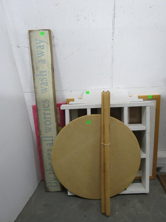 Wooden Shelf, Picture Frame, Signs, Small Table