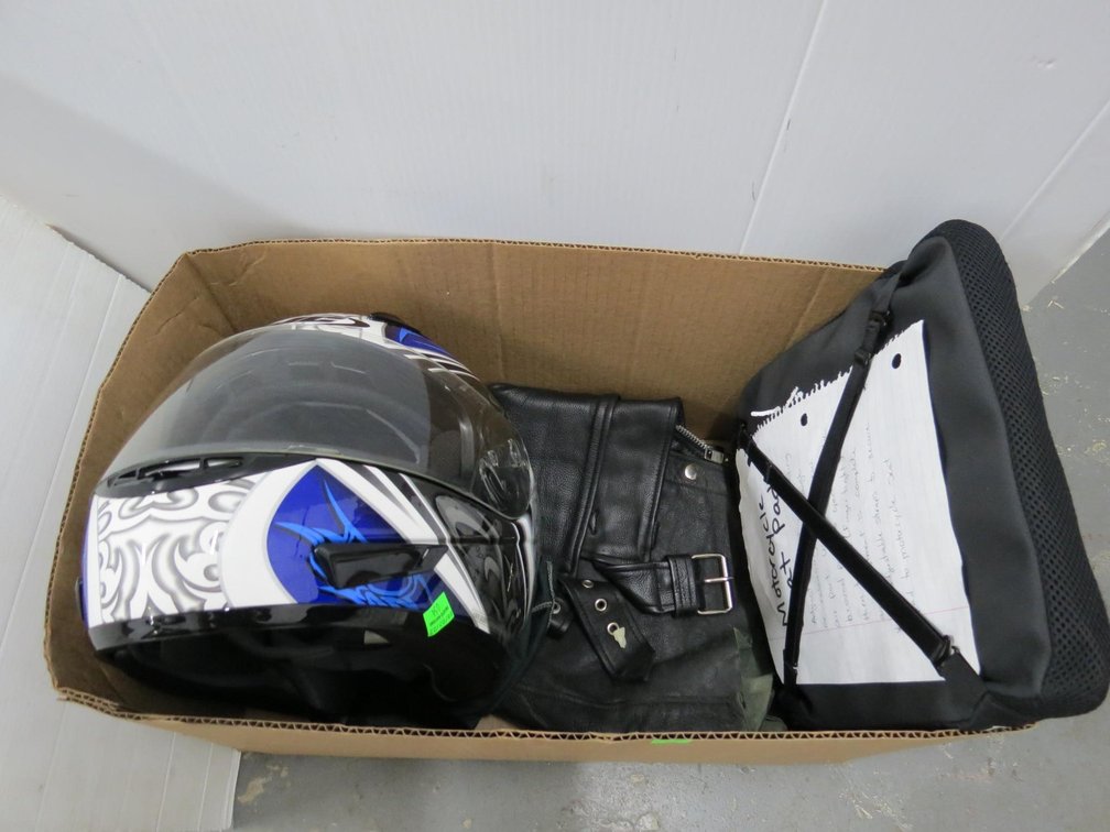 Leather Motorcycle Chaps, Motorcycle Helmet, Size XXL, and A Seat Pad
