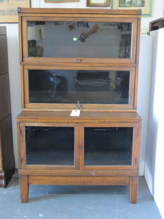 Antique 2 Section Oak Barrister Bookcase With Base Cabinet