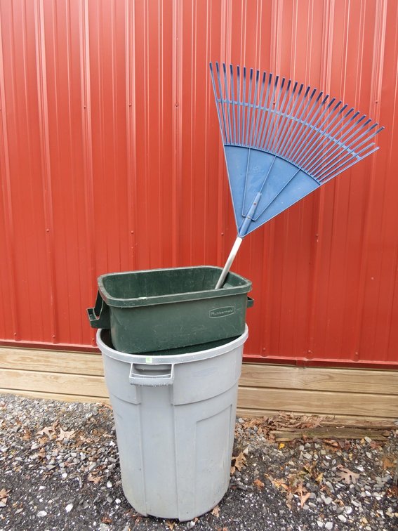 Rubbermaid Trash Cans and Yard Rake