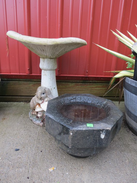 Plaster Bird Bath and Small Stone Bird Bath