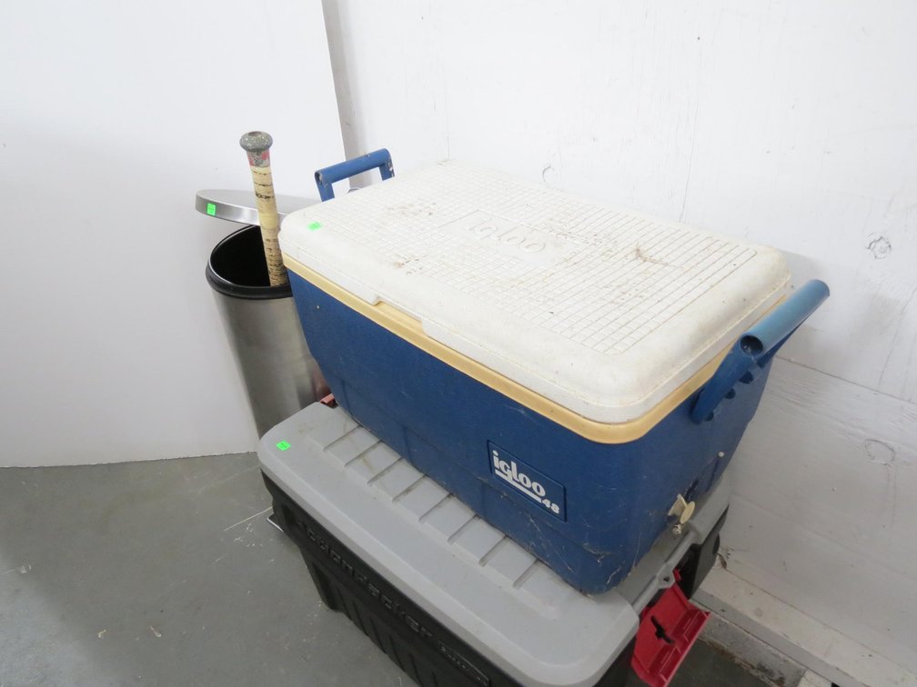 Igloo Cooler, Rubbermaid Tote, Trash Can