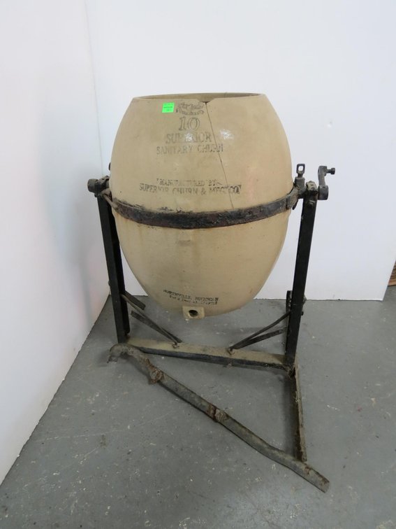 Antique No. 10 Superior Stoneware Churn With Metal Stand, Poor Condition