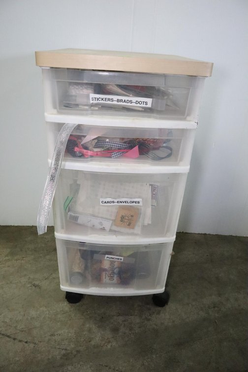Plastic Storage Drawers On Casters, With Contents
