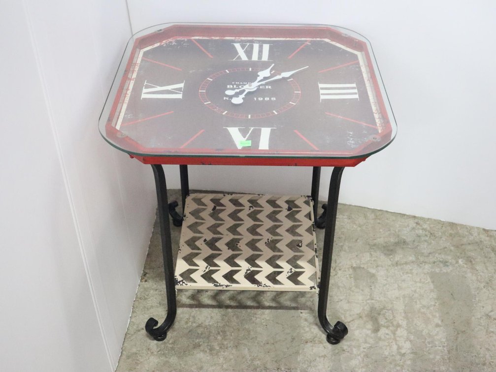 Clock Face Side Table With Metal Frame, Glass Top