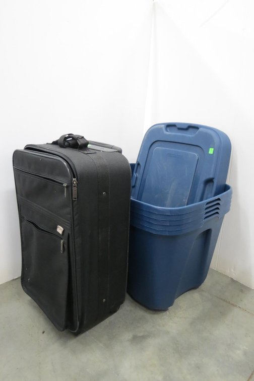 5 Storage Totes and A Suitcase